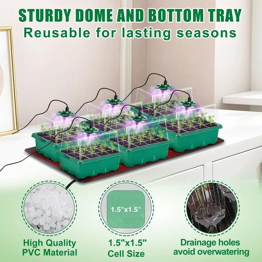 Seed Starter Tray with Grow Light amp Heat Mat 6 Pack 72 Cell Durable Easy Use Seed Starter Kit for New Gardener, Rapid Seedling