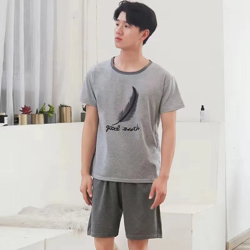 Cotton Men's Pajama Top and Pants Loungewear Athletic Casual Loose Nightwear Set Striped Sleepwear Homewear Two Piece Big Size