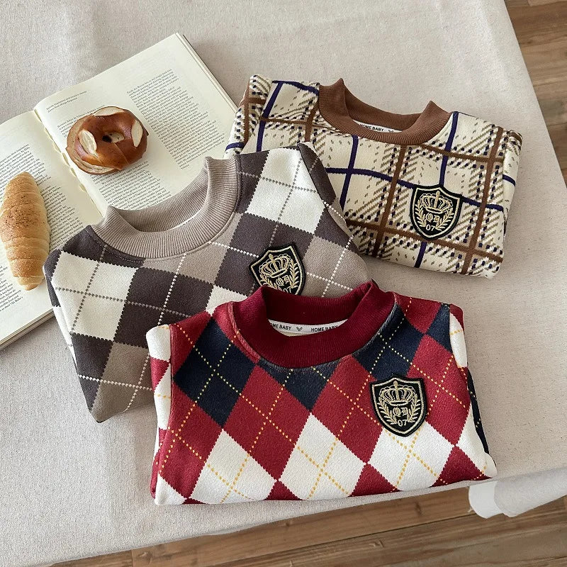 2025 New Children's Fce Lined Knitted Hoodie round Ne Base Layer irt for Boys And Girls Warm Autumn Winter Sweatirt