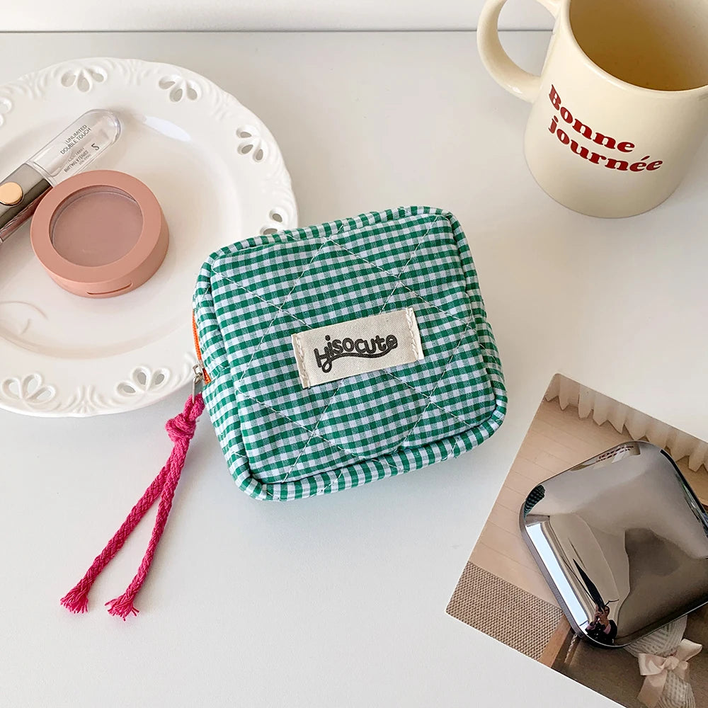 Ins Style Plaid Mini Coin Purse Portable Cosmetic Storage Bag Lady's Lipstick Bag and Card Holder Kawaii Tofu Pillow Bag