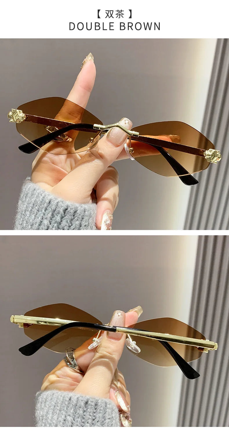 Trendy Rimless Polygonal Sunglasses Stylish Gradient Lens Metal Shades Eyewear Luxury Brand Small Vintage Sun Glasses