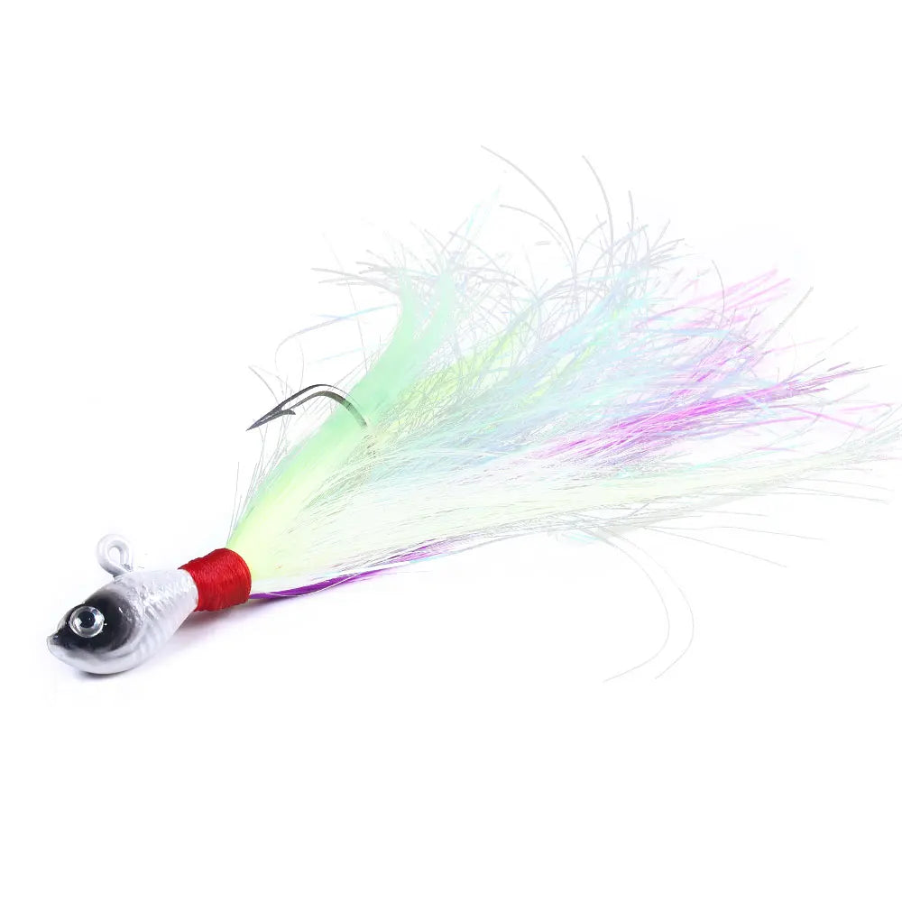 6PCS Bucktail Jigs Head Hook 3D Eyes Bait 7g 10g 21g 42g Deer Hair Feather Hook Beard Jigging Lure Fishing
