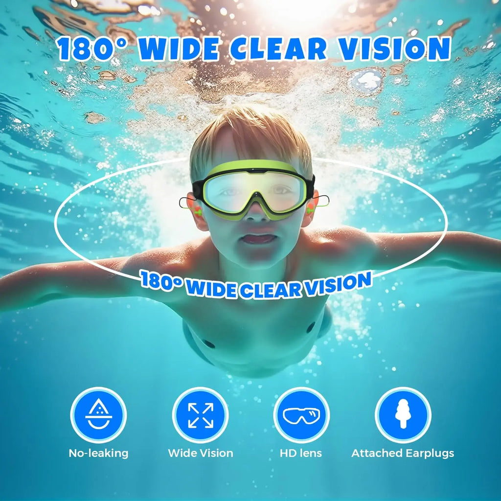 Kids Swim Goggles with Earplugs, Anti-Fog UV Protection for Boys Girls Ages 3-15, Large Frame 2PCS