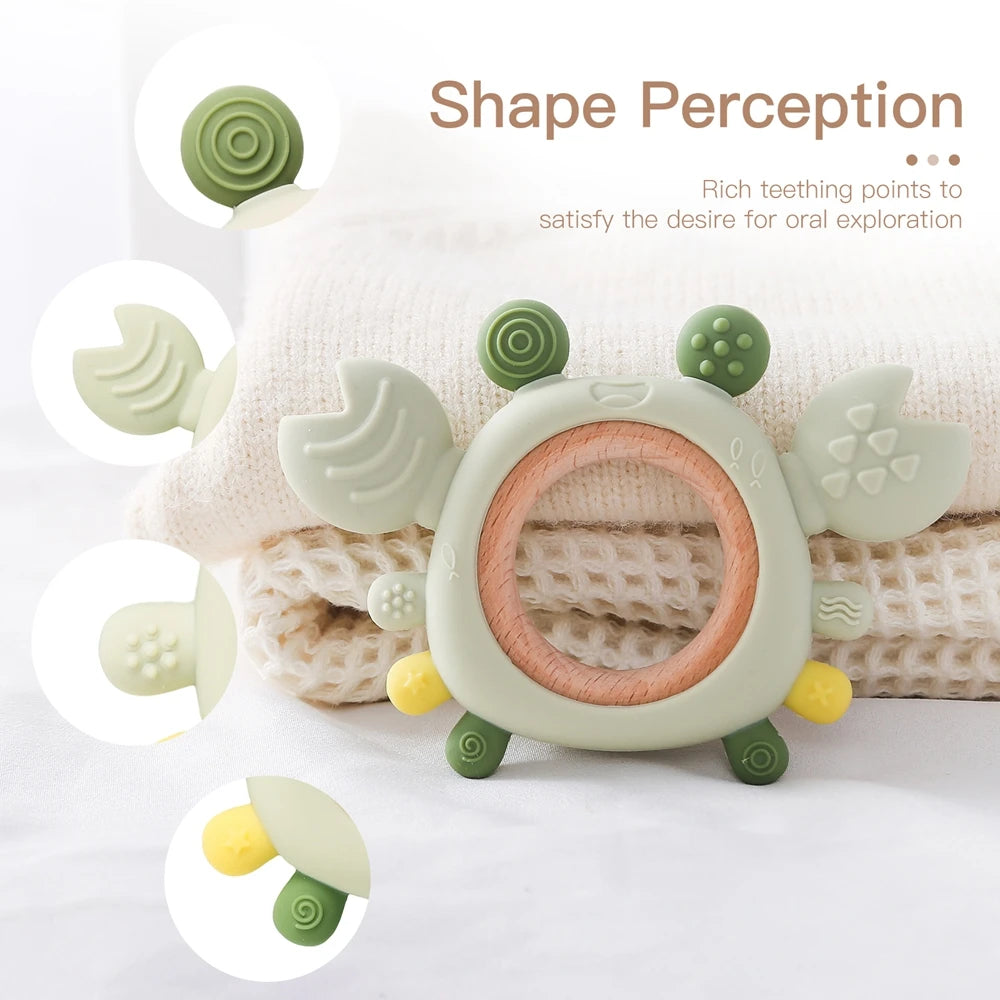 Crab Silicone Teether with Wooden Ring — BPA Free | Baby 0-6 Months