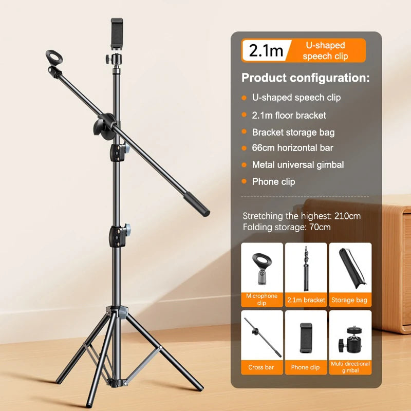 NEW! Microphone Boom Tripod Stand 1.7 2.1M Mic Tripod Bracket 66CM Crossbar Arms With Clip And Phone Holder
