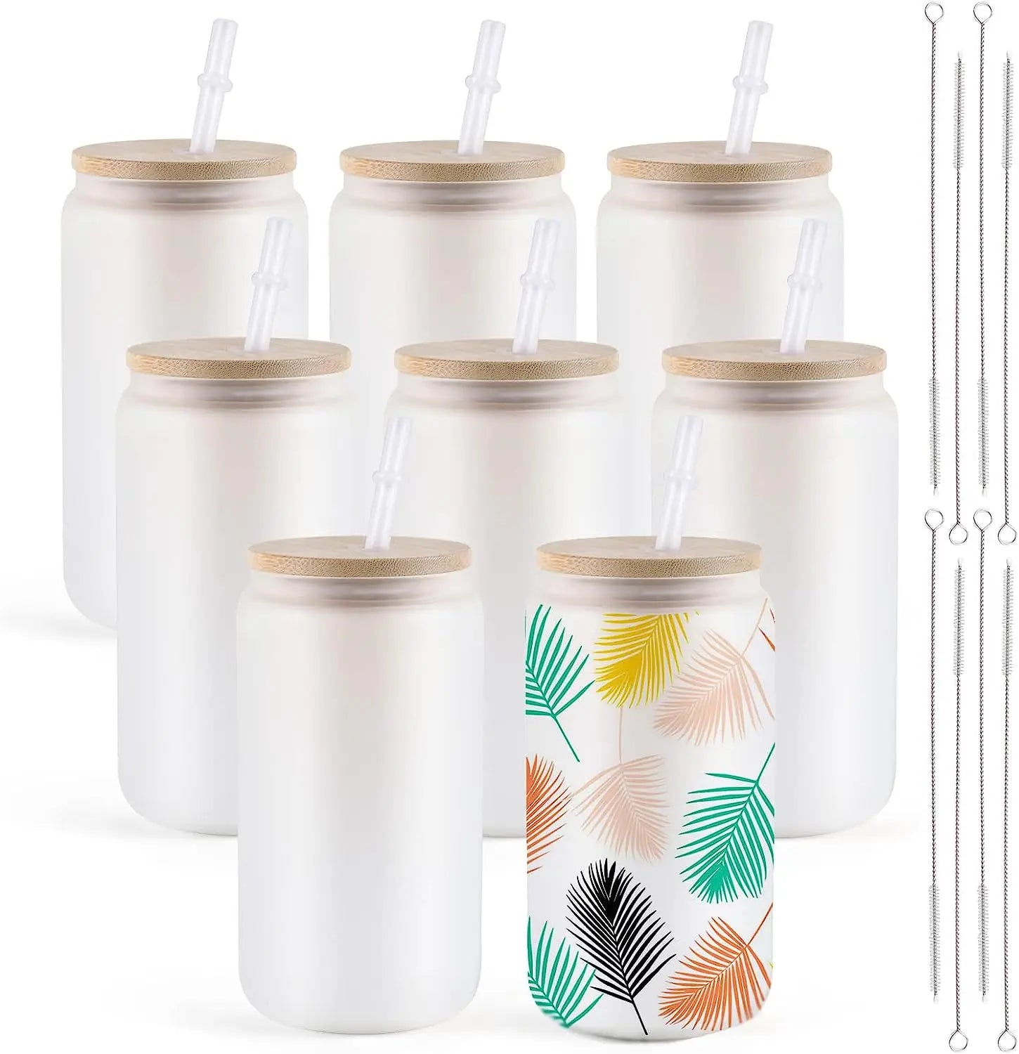HTVRONT 8-24 Pack Frosted Sublimation Glass With Bamboo Lid Cups With Straws 16OZ Tumbler for Beer, Juice, Soda, Iced Coffee