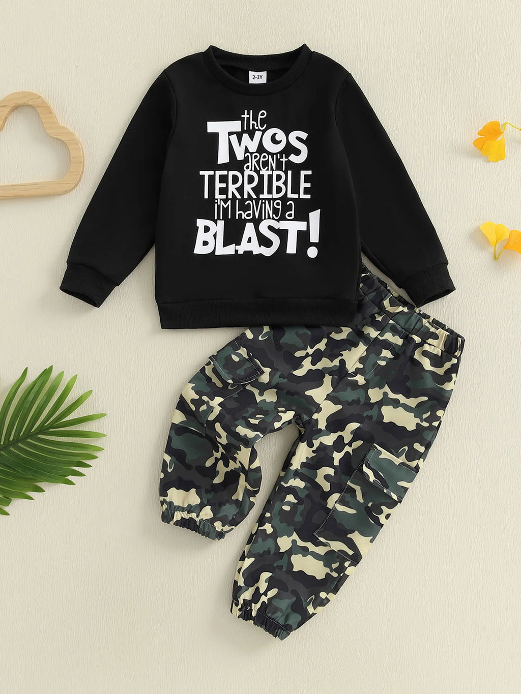 Toddler Boy Autumn Birthday Set with Letter Print Sweatshirt and Camo Pants Long Sleeve Outfit for Fall Celebration - Firu Total Sales