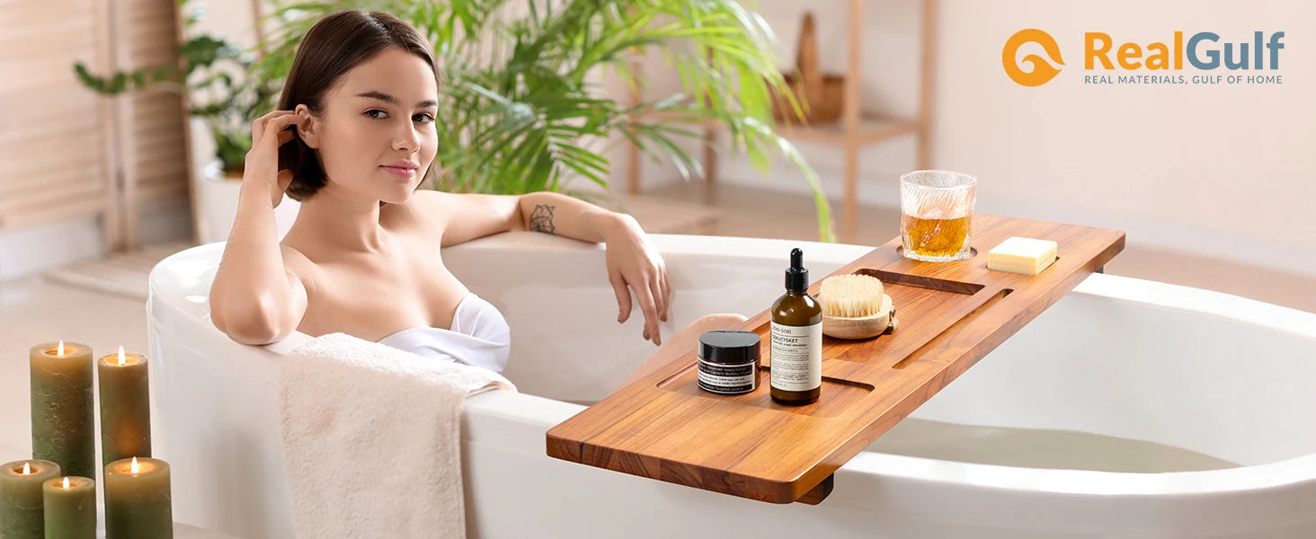 Teak Bathtub Tray Caddy - 29" Wide Adjustable Bathtub Table for Freestanding Tubs, Non-Slip Design with Phone/Wine Holder, Brown