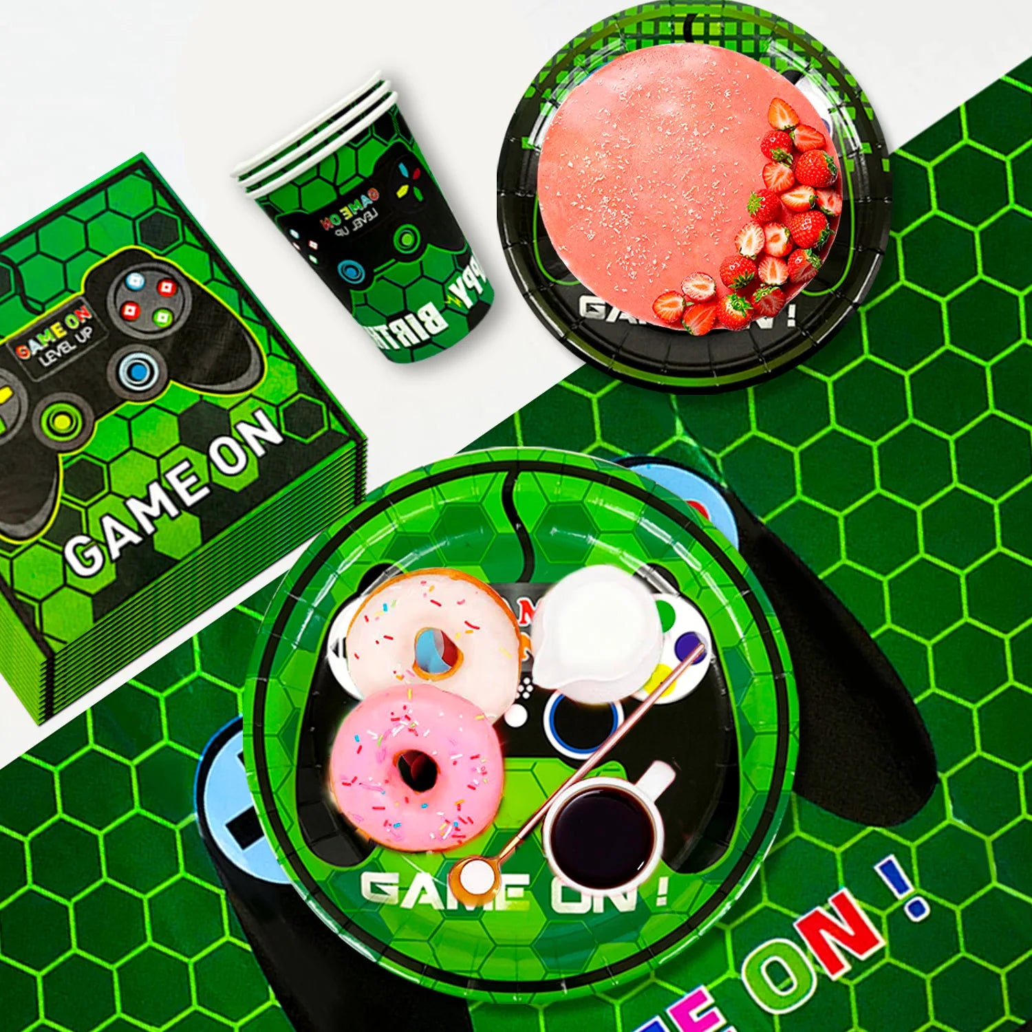 Video Game Birthday Party Decorations for Boys,132pcs Birthday Decorations&Tableware Set-Plates Cups Napkins Tablecloth Balloons