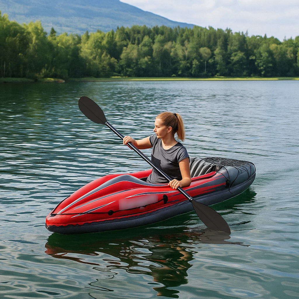 Inflatable Kayak Fishing Boat 1 Person Adult Red Canoe, with Paddles, Bag, Seats, High-Output Pump, Fin, for Lakes & Rivers