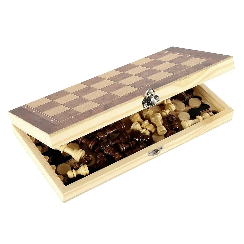 3in 1 Portable Travel Chess Checker Backgammon, Folding Storage Wooden Chess Set, International Checkers Board Game Kids Adults