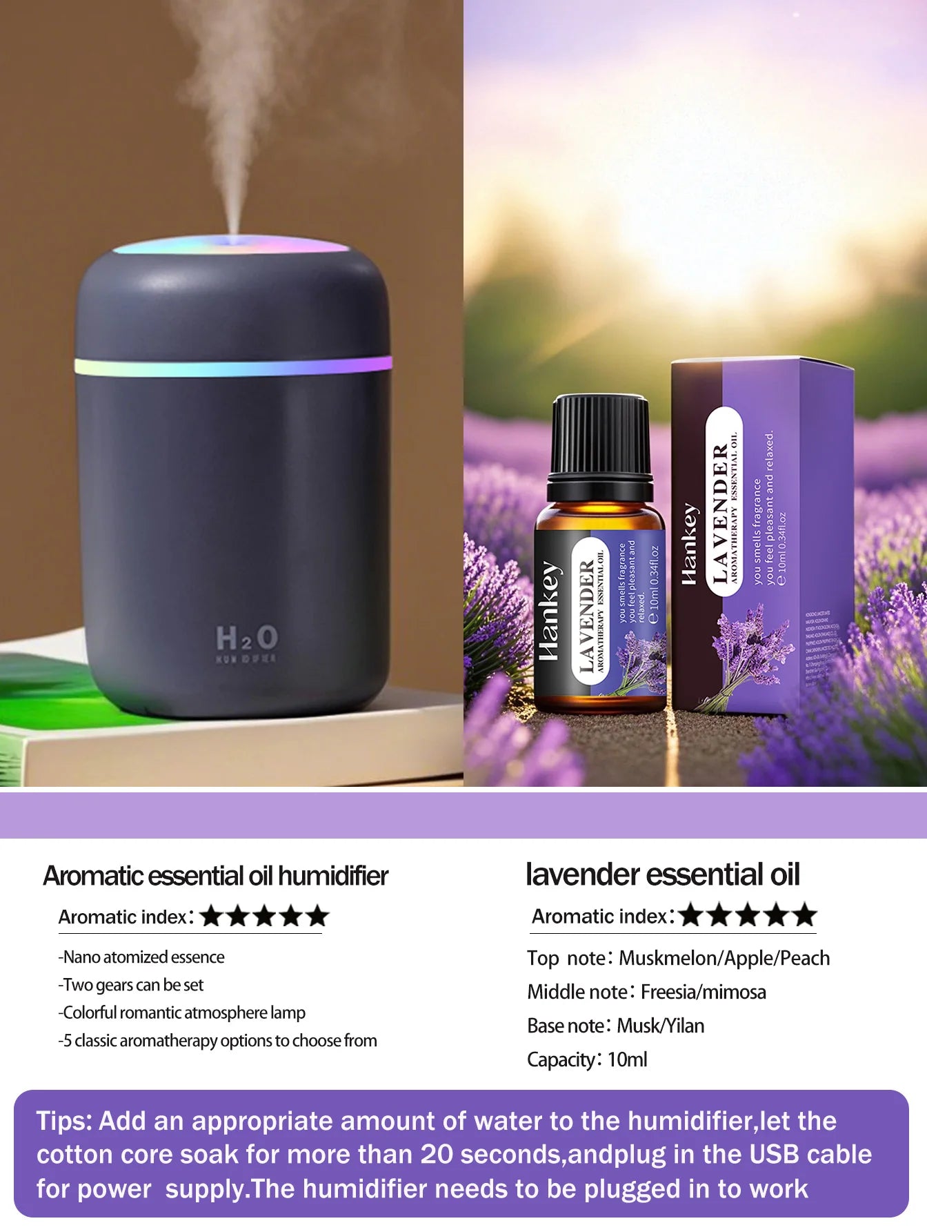 Difusor Aromaterapia 300ML | Purificador de Aire | Luz 7 Colores | Auto y Hogar 🌿