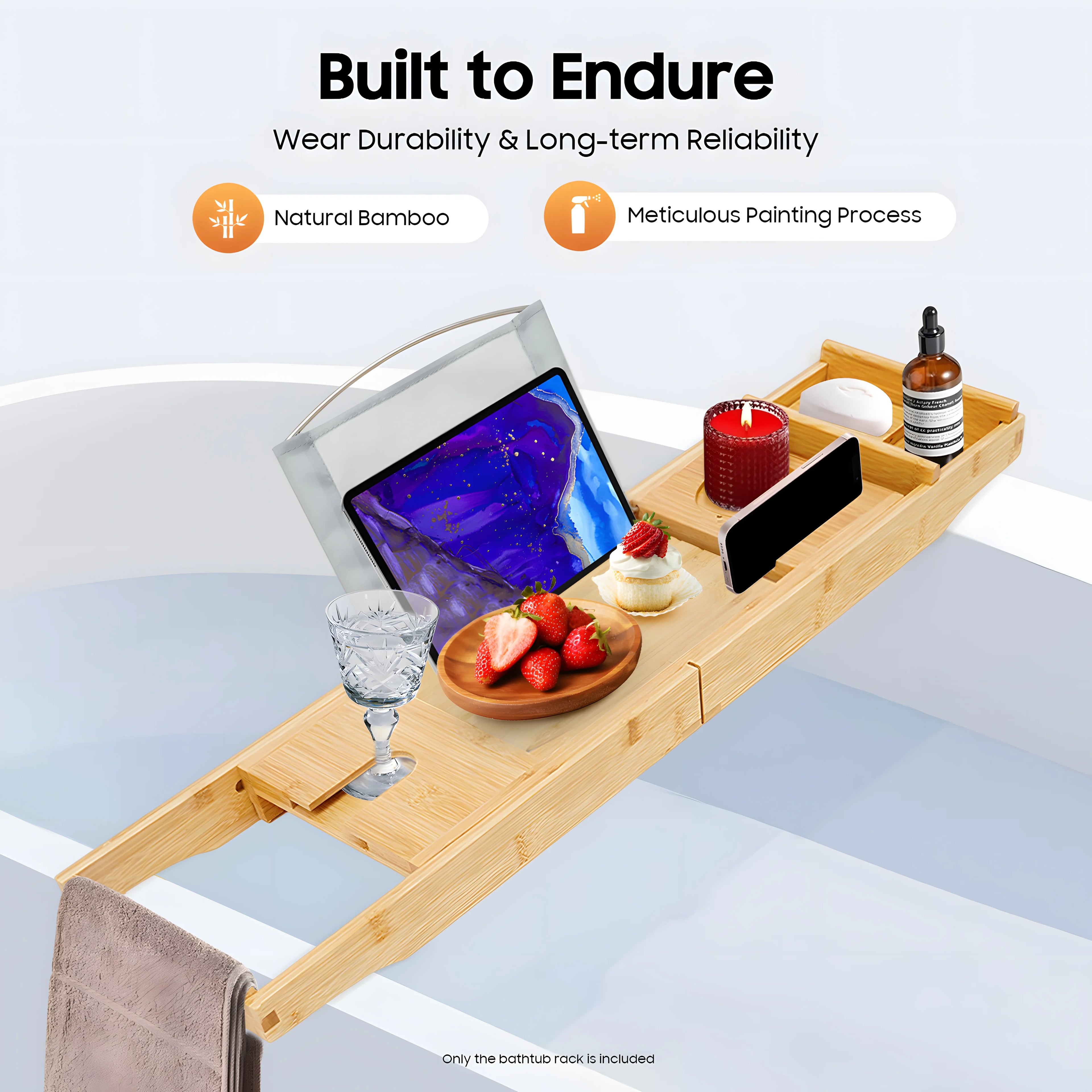 Adjustable Bamboo Bathtub Tray with Wine Glass Holder & iPad Slot, Waterproof Bath Caddy for Relaxation, Reading, Wine Time