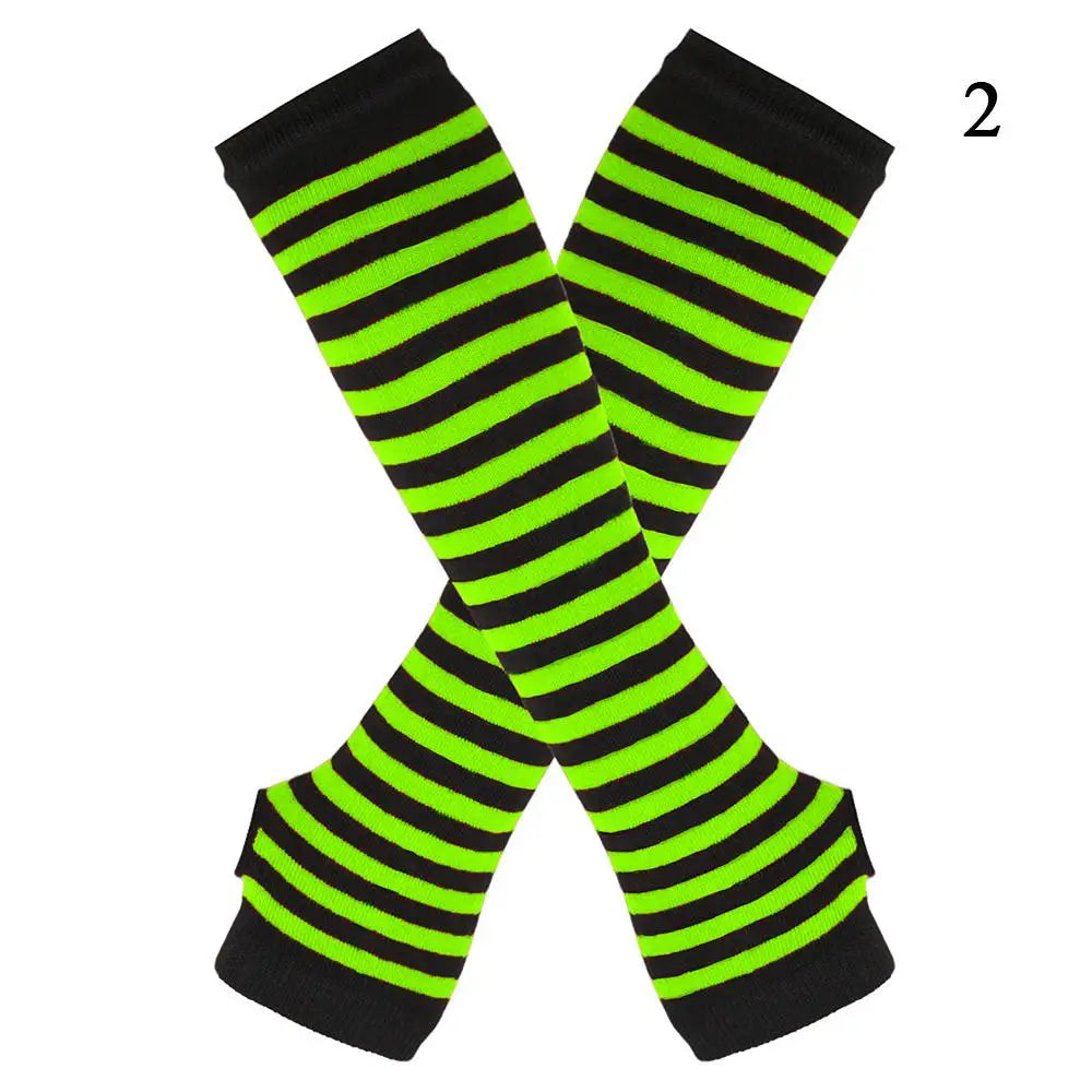 Women's Knitted Fingerless Arm Sleeves Gothic Style Striped Winter Long Arm Warmers Girls Harajuku Y2K Fashion Wrist Gloves