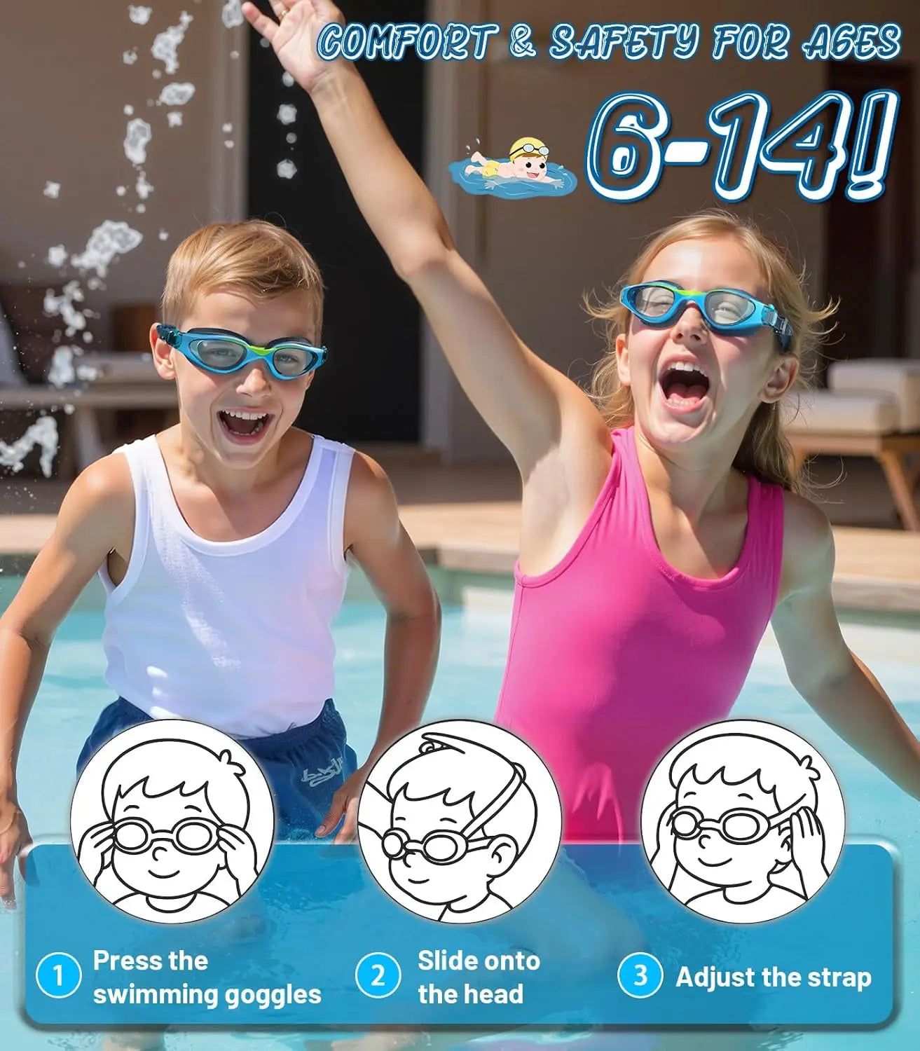 Kids Swim Goggles 6-14 Years, Anti-Fog UV Protection Clear Lens, Leakproof Pool Goggles for Boys and Girls