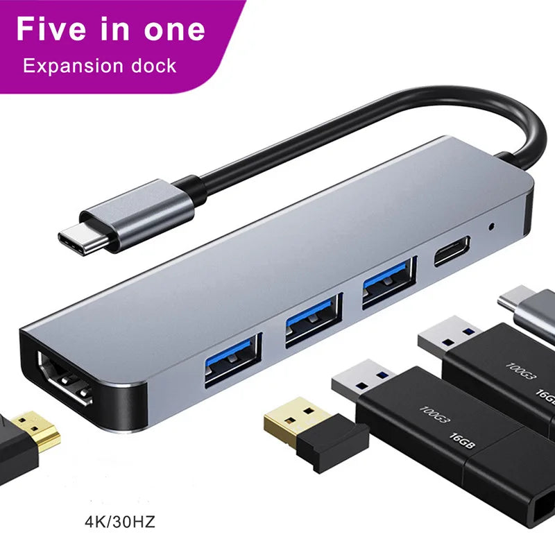 5 Ports USB C Hub to 4K HDMI-Compatible PD fast charge USB 3.0 2.0 HUB Type C Charging Docking for MacBook iPad Samsung