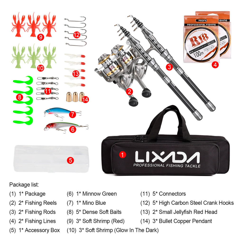 2-Pack Telescopic Fishing Rod & Reel Combo | Carbon Fiber | Full Accessories Set