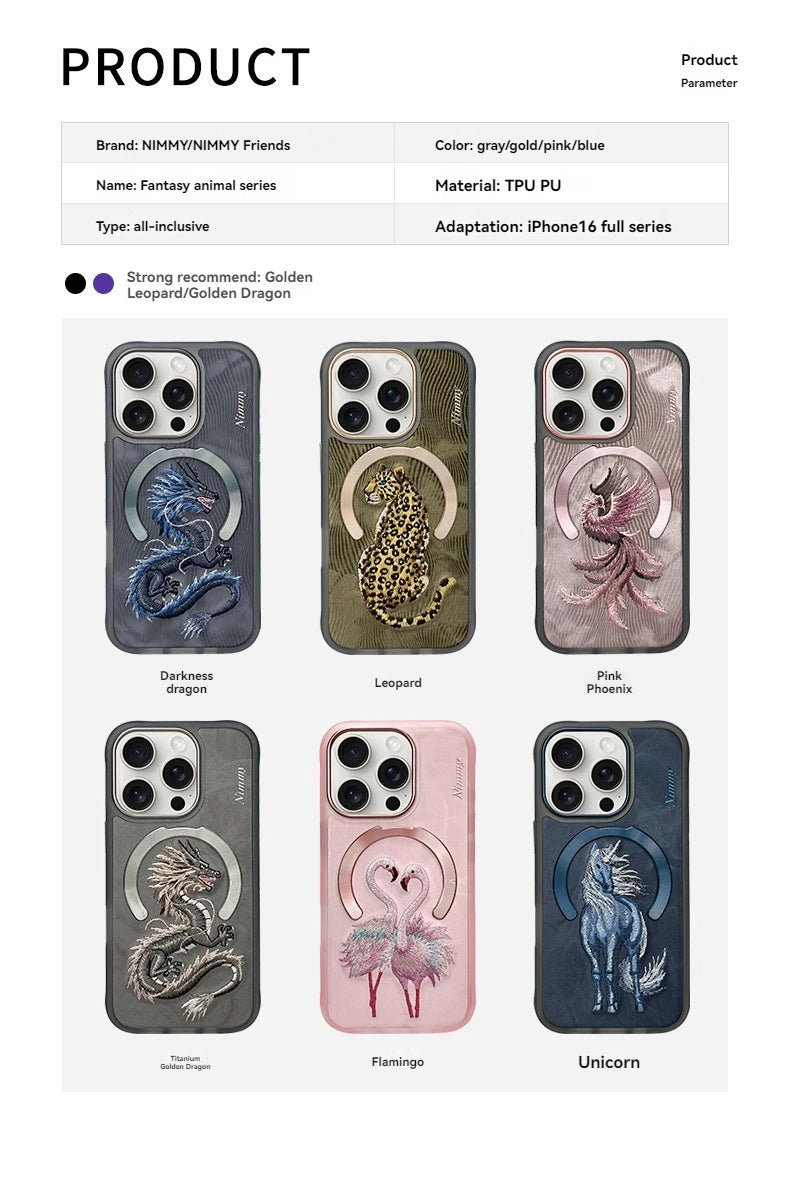Dragon Phoenix 3D Embroidery Protective Case For iPhone 16 Pro Max Magnetic Wireless Charger Trend Original Fashion Cover - Firu Total Sales