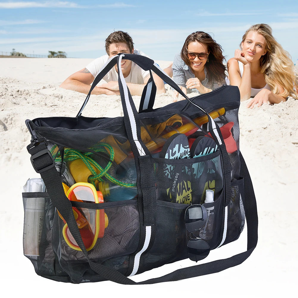 Mesh Swimming Bag Sandproof Bottom Foldable Summer Pool Bag 8 Pockets Beach Handbag Zipper Towel Storage for Travel Vacation