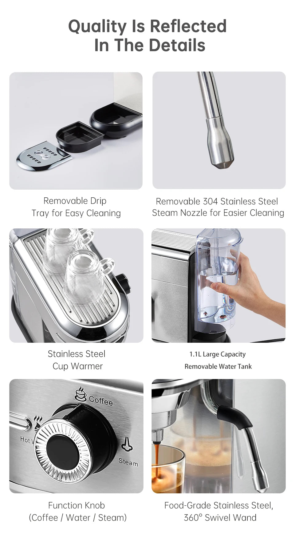 HiBREW H11 Cafetera Espresso 20 Bar | Inox | Semi Automática | ESE POD y Polvo | Cappuccino | Agua Caliente - Firu Total Sales