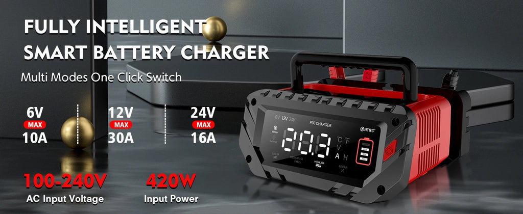 12V 30A/26A/20A Smart Car Battery Charger LCD 6V-12V-24V for Motorcycle Trickle Lithium LiFePO4 Lead-acid AGM Battery Repair