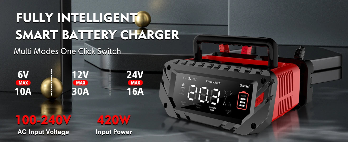 12V 30A/26A/20A Smart Car Battery Charger LCD 6V-12V-24V for Motorcycle Trickle Lithium LiFePO4 Lead-acid AGM Battery Repair