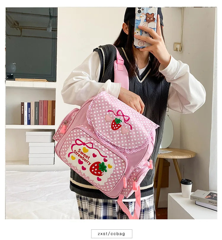 Pink Girl Embroidery Strawberry Children's Schoolbag Student Birthday Gift 2026 New Japanese Cartoon Pink Backpack Book Bags