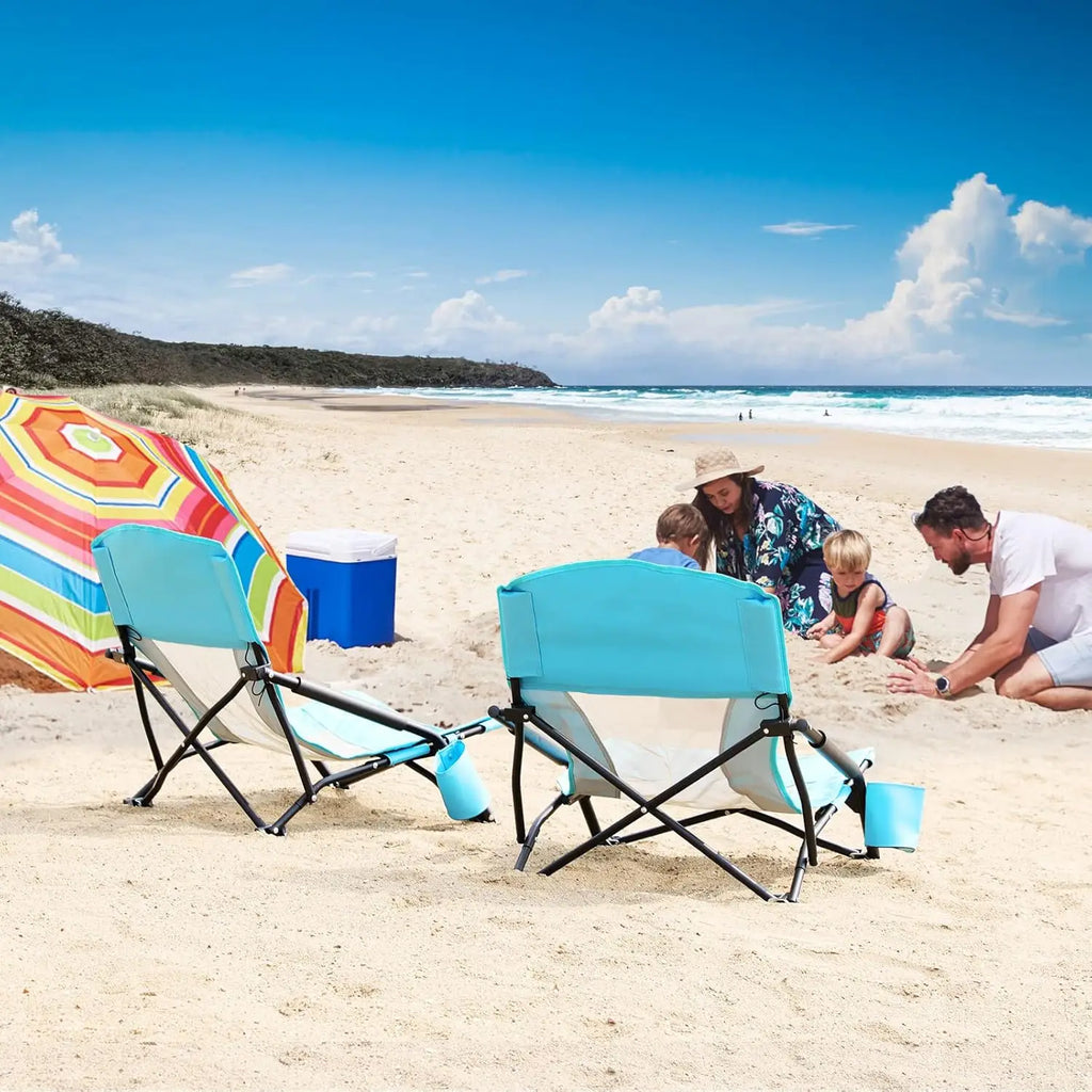 Low Profile Folding Beach Chair for Adults, 2 Pack with Cup Holder & Carry Bag, Heavy Duty for Outdoor Sand, Camping, Concert