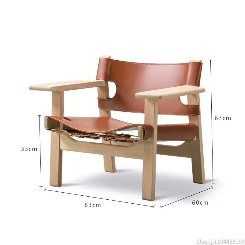 Nordic Solid Wood Living Room Chair Spanish Designer Saddle Leather Hunting Chair Living Room Furniture Balcony Leisure Chairs