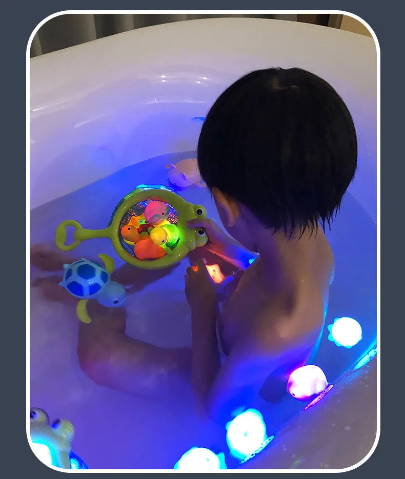 Glowable Animal Washing Water Set Floating Water Light Net Fishing Fish Playing Water Toys Children's Baby Bath Toys Floating