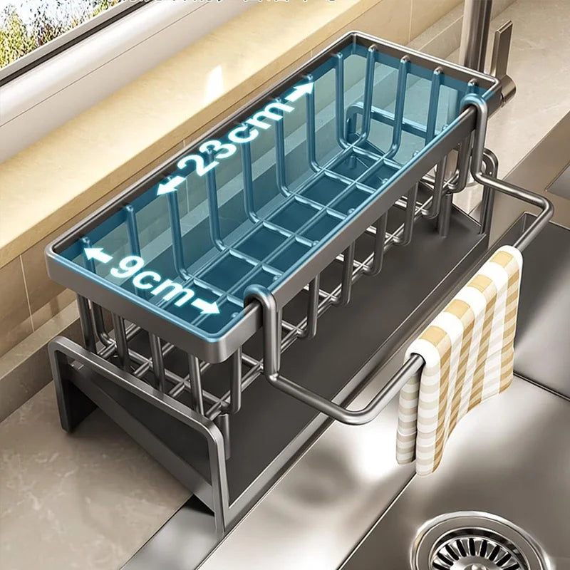 1-Pack Kitchen Sink Organizer Caddy - Metal Storage Rack with Drain Tray , Corner Smooth Design to Keep Sink Area Tidy & Dry