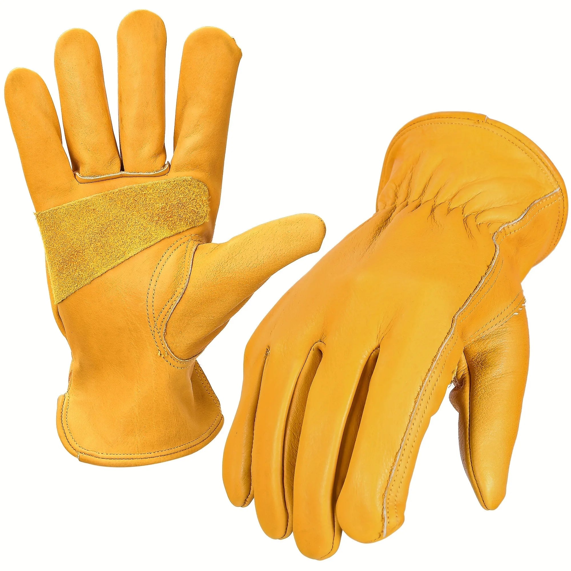 1 Pair Of Flex Grip Leather Work Gloves, Stretchable Wrist Tough Cowhide Working Gloves (Yellow)