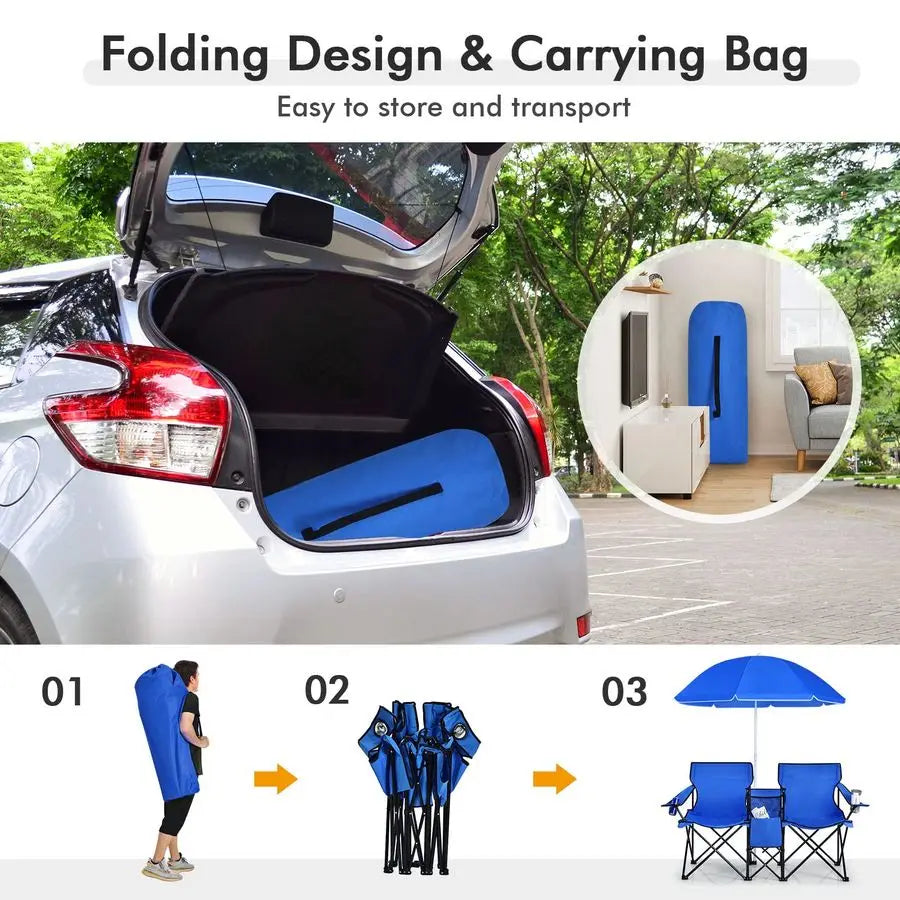 Double Portable Picnic Chairs, Folding Camping Chairs w Detachable Umbrella, Cooler Bag, Cup Holders, Patio Beach Camping Chair