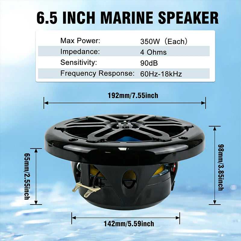 Herdio 6.5 Inch Marine Speaker 350W IP66 Waterproof Coaxial Audio Blue LED Light UV Resistant Grille for Boats ATV/UTV 1 Pair