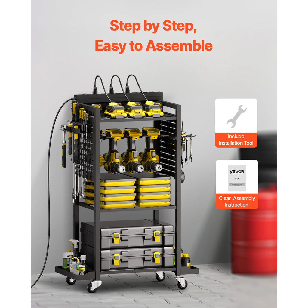 VEVOR 4-tier Tool Organizer Cart with Charging Station 8 AC Outlet Floor Stand Rolling Storage Drill Holder for Workshop Garage