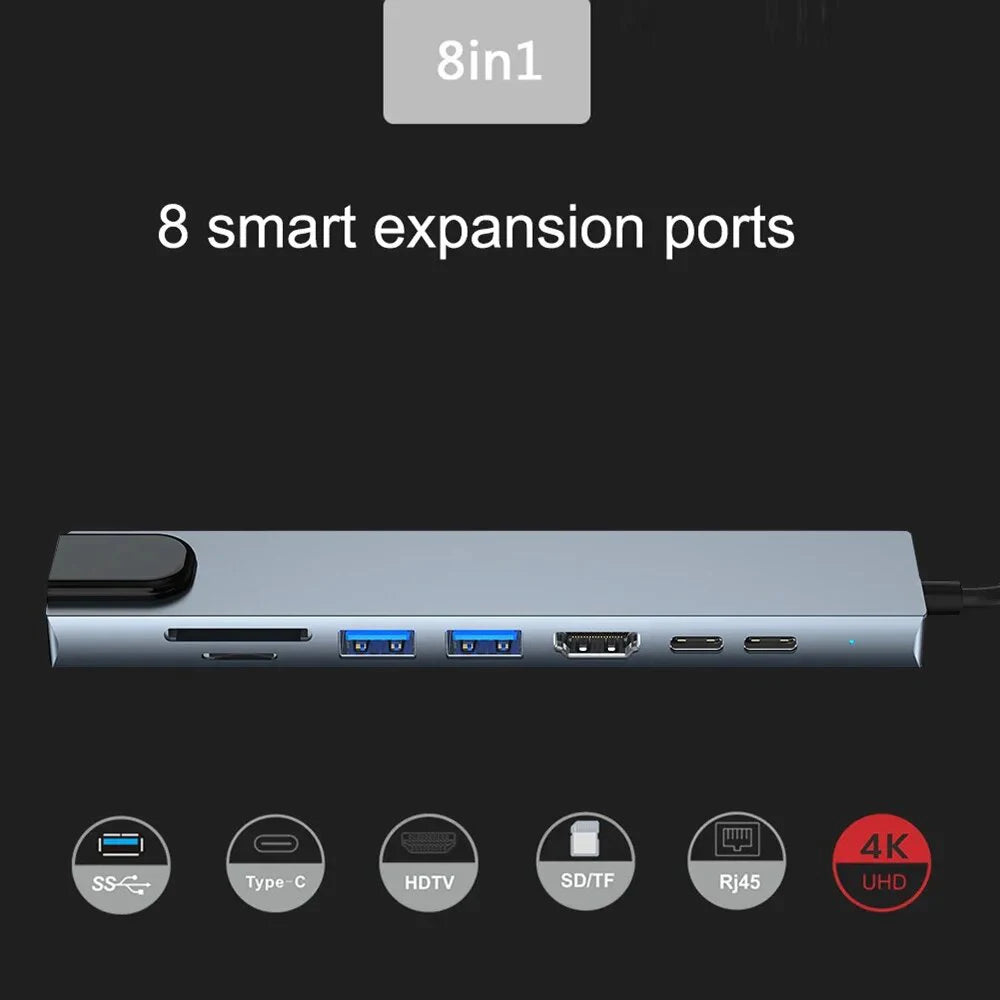 Hub USB-C 8 en 1 FEIWIMI | HDMI 4K 30Hz | RJ45 100Mbps | VGA | PD 100W | Docking Station - Firu Total Sales