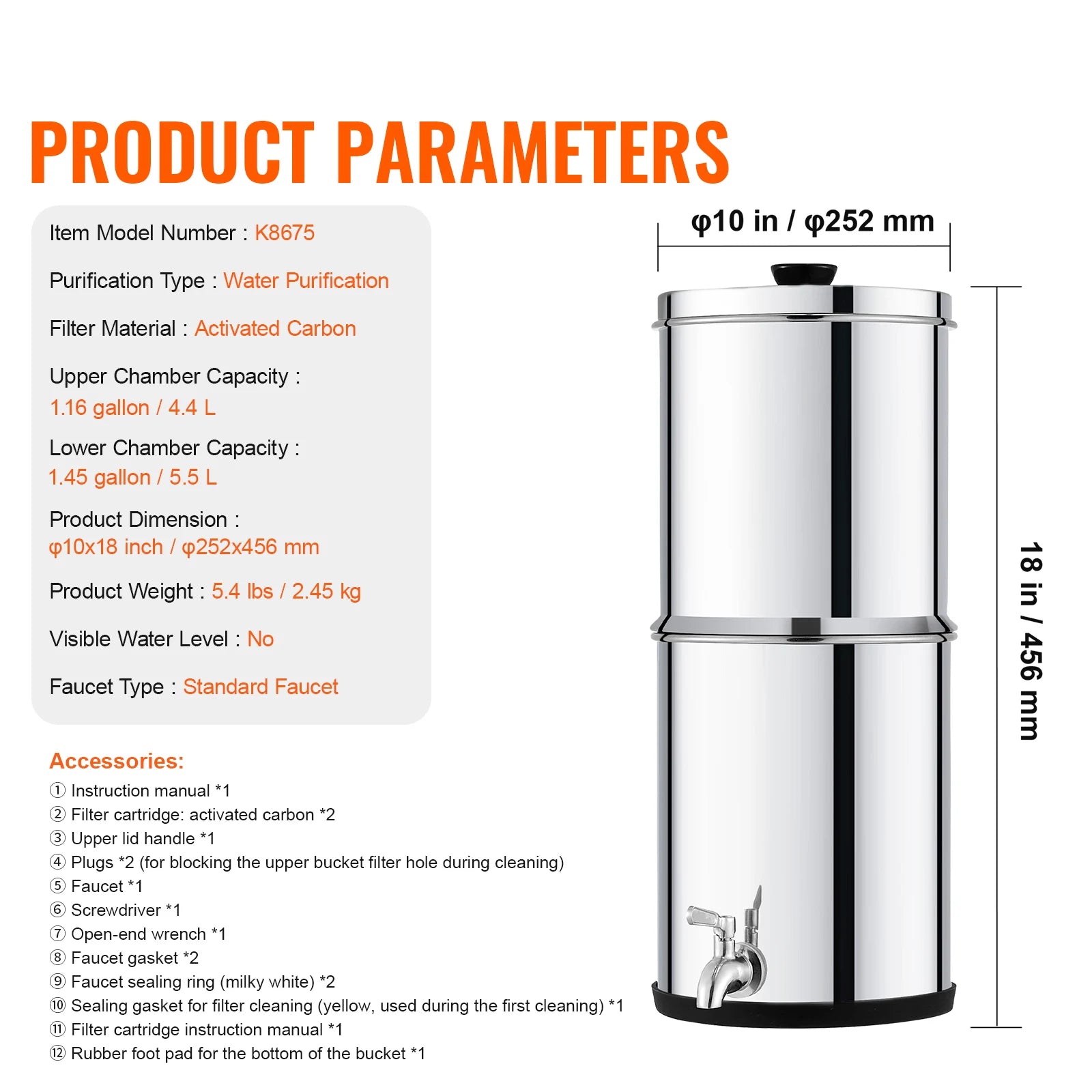 SucceBuy 1.5G 2.25G Gravity-fed Water Filter System 304 Stainless-Steel Water Filtration System Countertop with 2 Carbon Filters