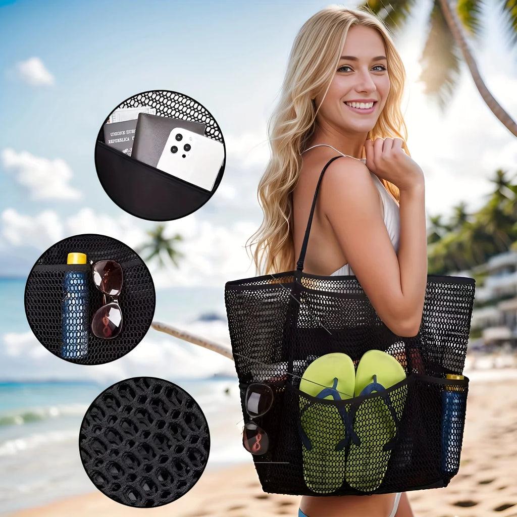 Women's Large Capacity Beach Tote Bag - Durable Polyester Woven Shoulder Bag with Open Top for Travel, Shopping handbags