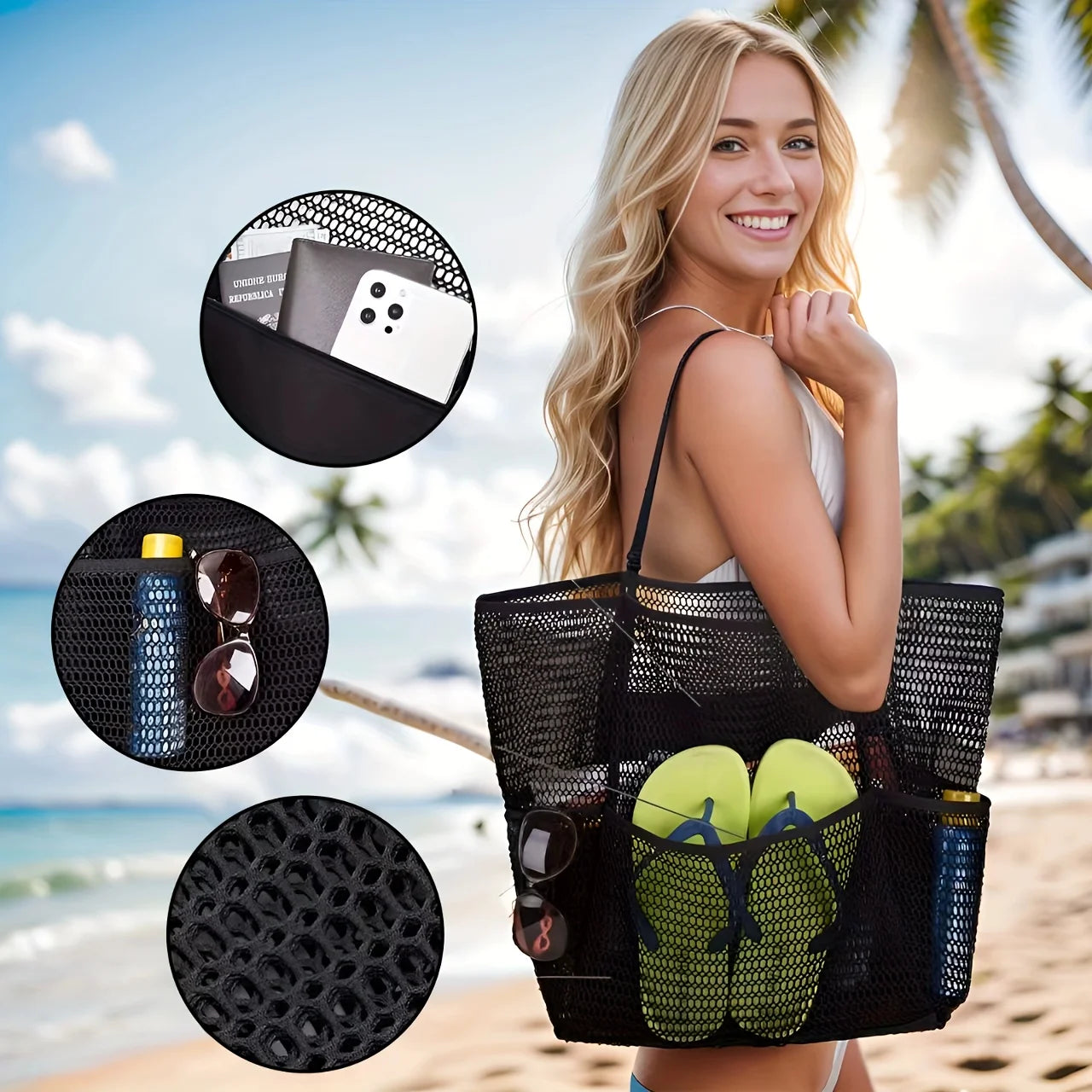 Bolsa Tote de Playa para Mujer Gran Capacidad - Bolso de Hombro Tejido Poliéster