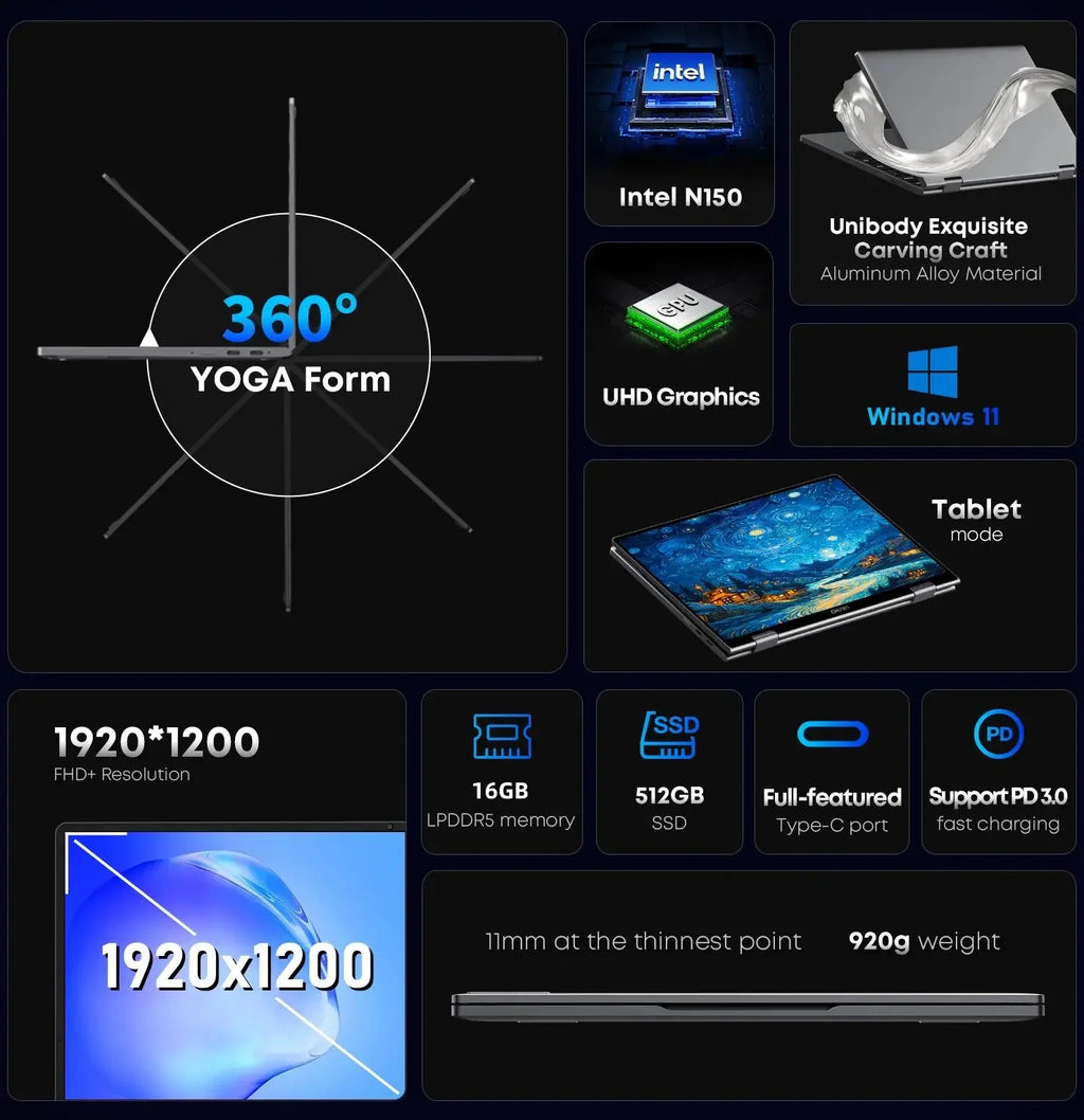 CHUWI MiniBook X Intel N150 2-in-1 Tablet Laptop 16GB LPDDR5 512G SSD 10.51'' 2K FHD WiFi6 BT5.2 Ultra-slim Touch Screen Laptop
