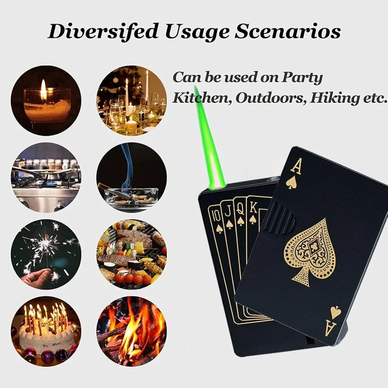 Metal Poker Card Shaped Lighter with Cash Detector Light Windproof Decompression Portable Turbine Torch Lighter for Men's Gift