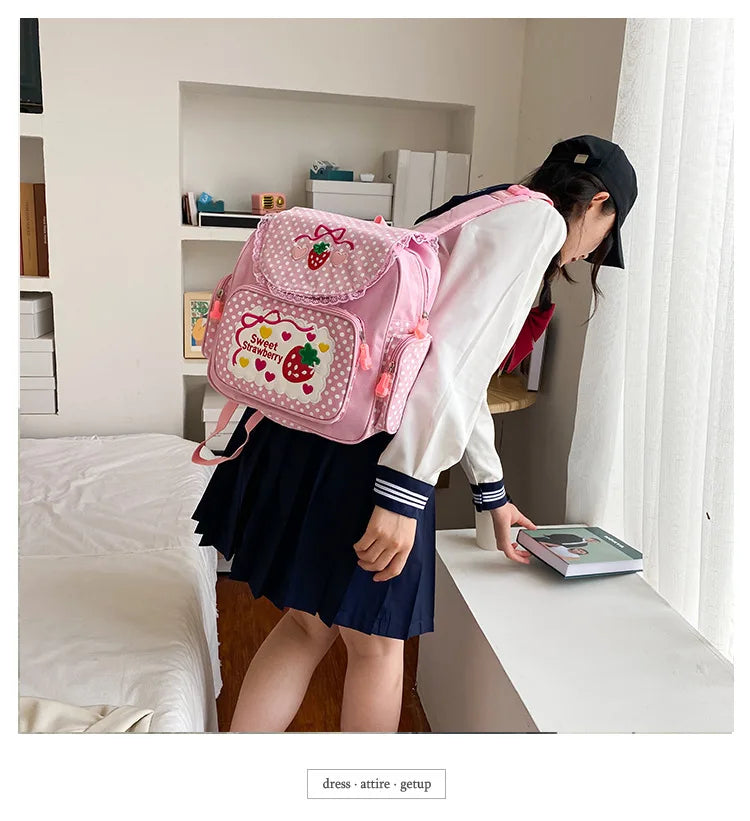 Pink Girl Embroidery Strawberry Children's Schoolbag Student Birthday Gift 2026 New Japanese Cartoon Pink Backpack Book Bags