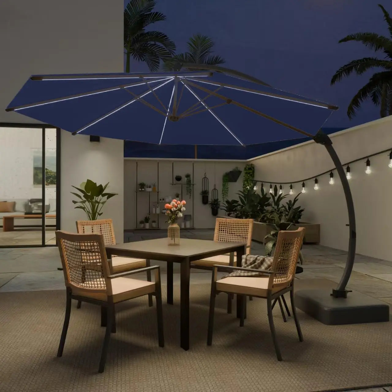 11ft round Aluminum Patio Umbrella with Base - Offset Cantilever Design 360° Rotating Customizable Large Outdoor Shade Umbrella