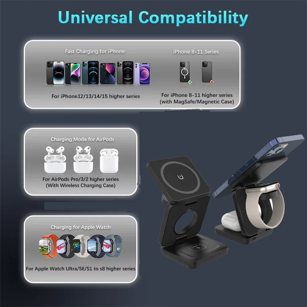 3-in-1 Foldable Wireless Charging Station | iPhone + Apple Watch + AirPods | 15W Fast Charge