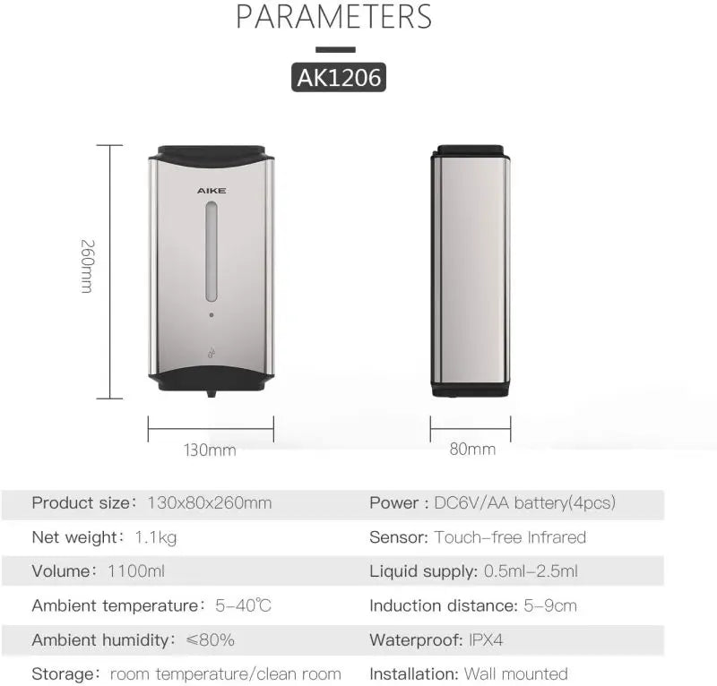 AIKE 1100ML Automatic Liquid Soap Dispenser Bathroom Hand Sanitizer Liquid Dispenser Stainless Steel Wall Mounted Soap Dispenser
