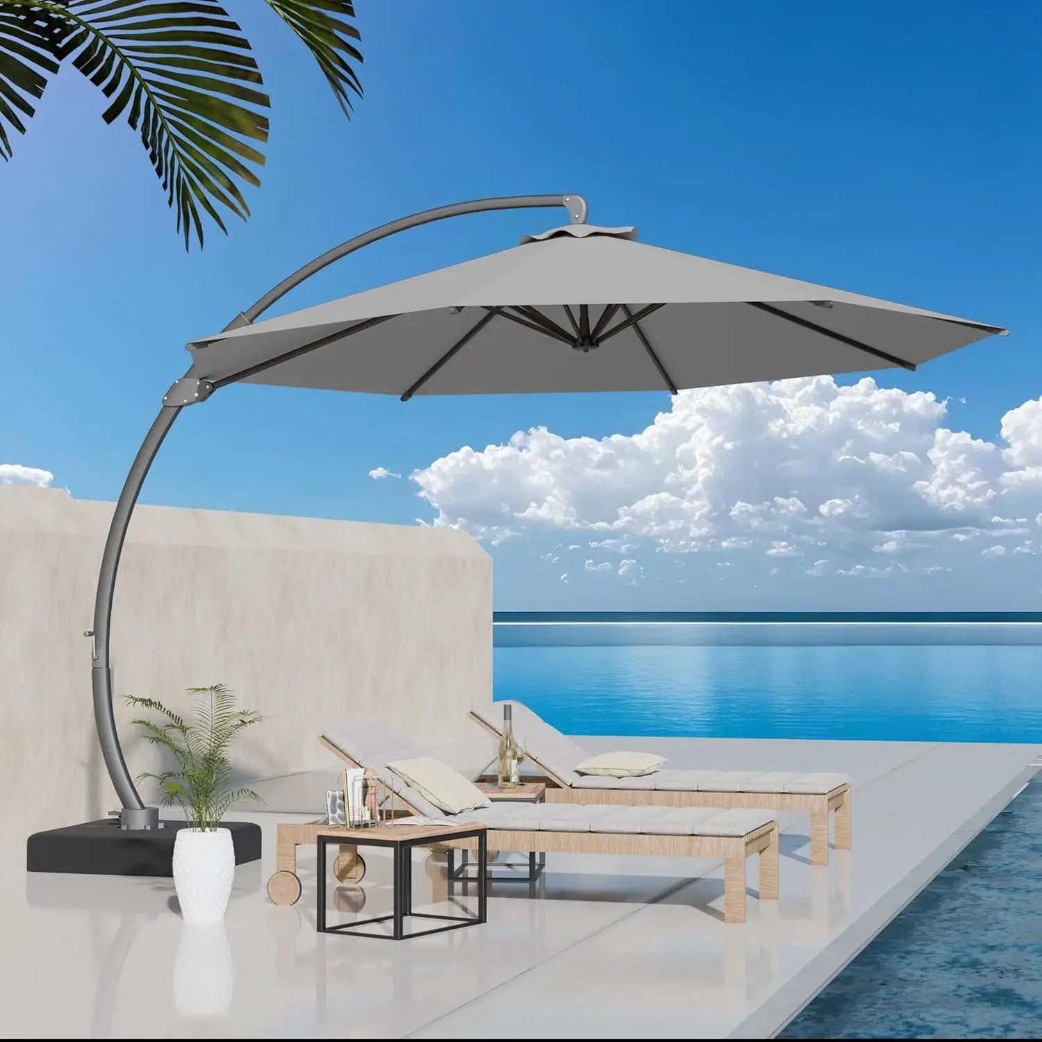 11ft round Aluminum Patio Umbrella with Base - Offset Cantilever Design 360° Rotating Customizable Large Outdoor Shade Umbrella