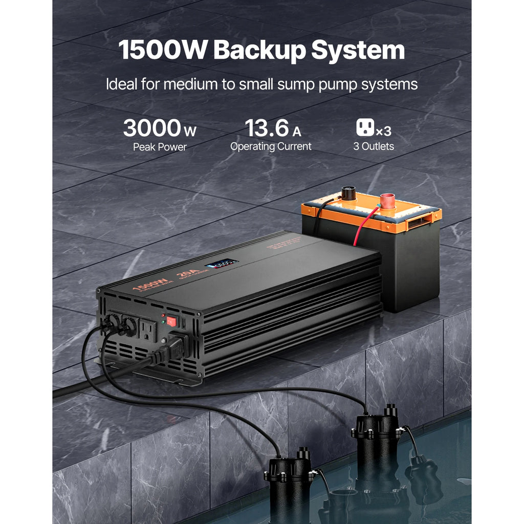 SucceBuy Sump Pump Battery Backup System 1500W / 3000W Auto Switches to Battery Inverter for Continuous Sump Pump Operation