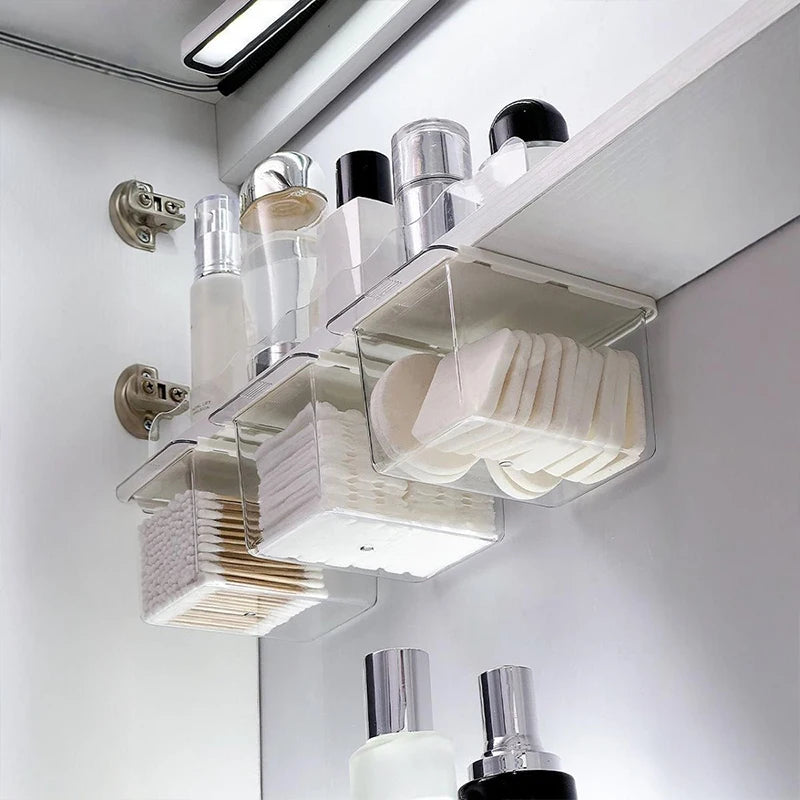 Transparent Drawer Storage Box Under Mirror Cabinet Oragnizer Bathroom Cotton Stick Makeup Pull-Out Case