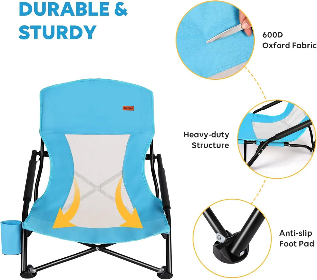 Low Profile Folding Beach Chair for Adults, 2 Pack with Cup Holder & Carry Bag, Heavy Duty for Outdoor Sand, Camping, Concert