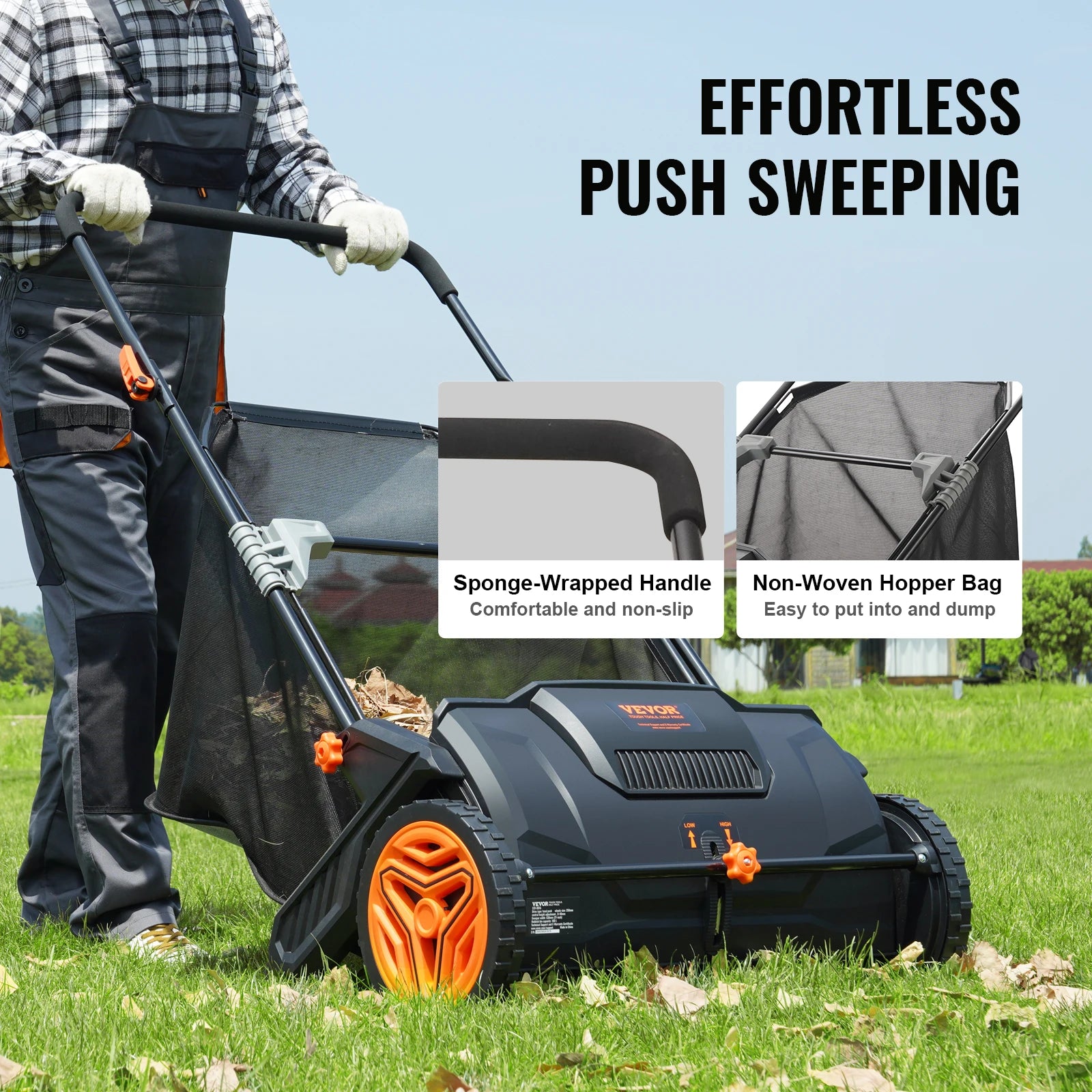 SucceBuy Push Lawn Sweeper 3.5cu.ft 21inLeaf Grass Collector Steel Durable Capacity Mesh Collection Hopper Bag 2Spinning Brushes
